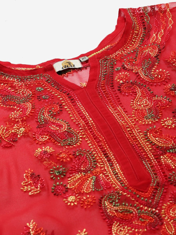 ADA Women Red & Yellow Sheer Chikankari Embroidered Straight Sustainable Handloom Kurta with Inner - Distacart