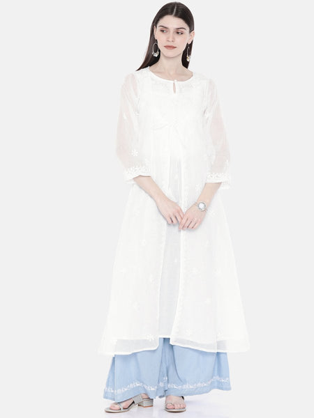 ADA Women White Embroidered Layered A-Line Chikankari Sustainable Kota Handloom Kurta - Distacart