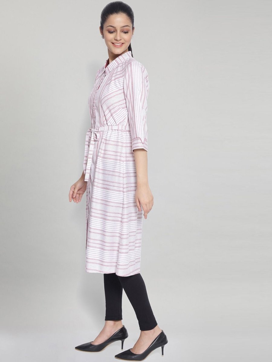 AURELIA White & Pink Striped Shirt Dress With Waist Tie Up - Distacart