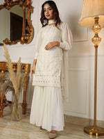 Thumbnail for Kalini Striped Sweetheart Neck Sequined Tie-Up Straight Kurta with Sharara & Dupatta - Distacart