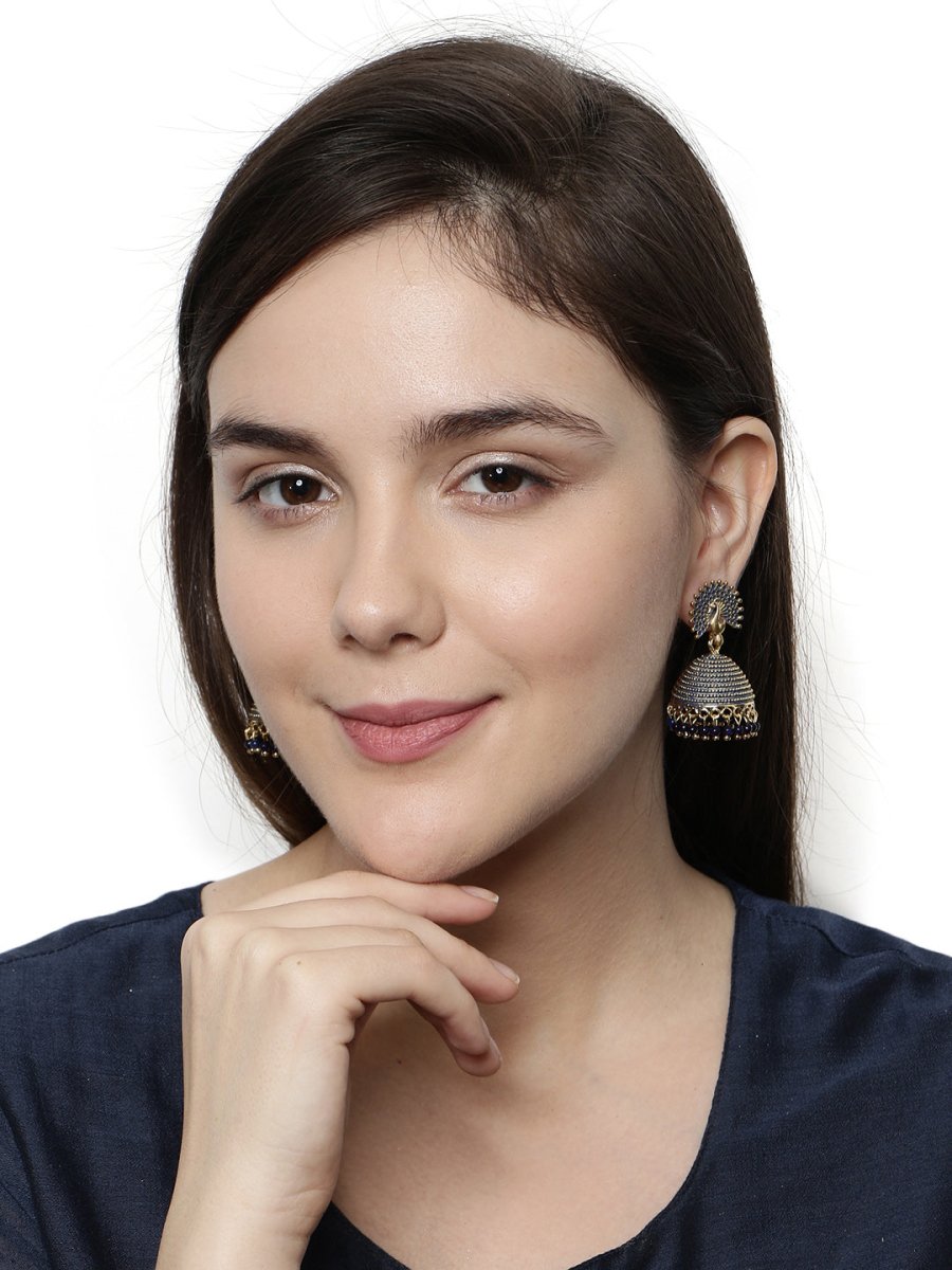 Anikas Creation Gold Plated & Blue Enamelled Peacock Shaped Jhumkas - Distacart