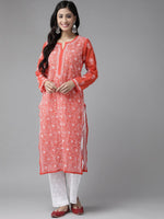 Thumbnail for ADA Women Red & White Sustainable Hand Embroidered Chikankari Handloom Kurta with Palazzos - Distacart