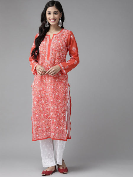 ADA Women Red & White Sustainable Hand Embroidered Chikankari Handloom Kurta with Palazzos - Distacart