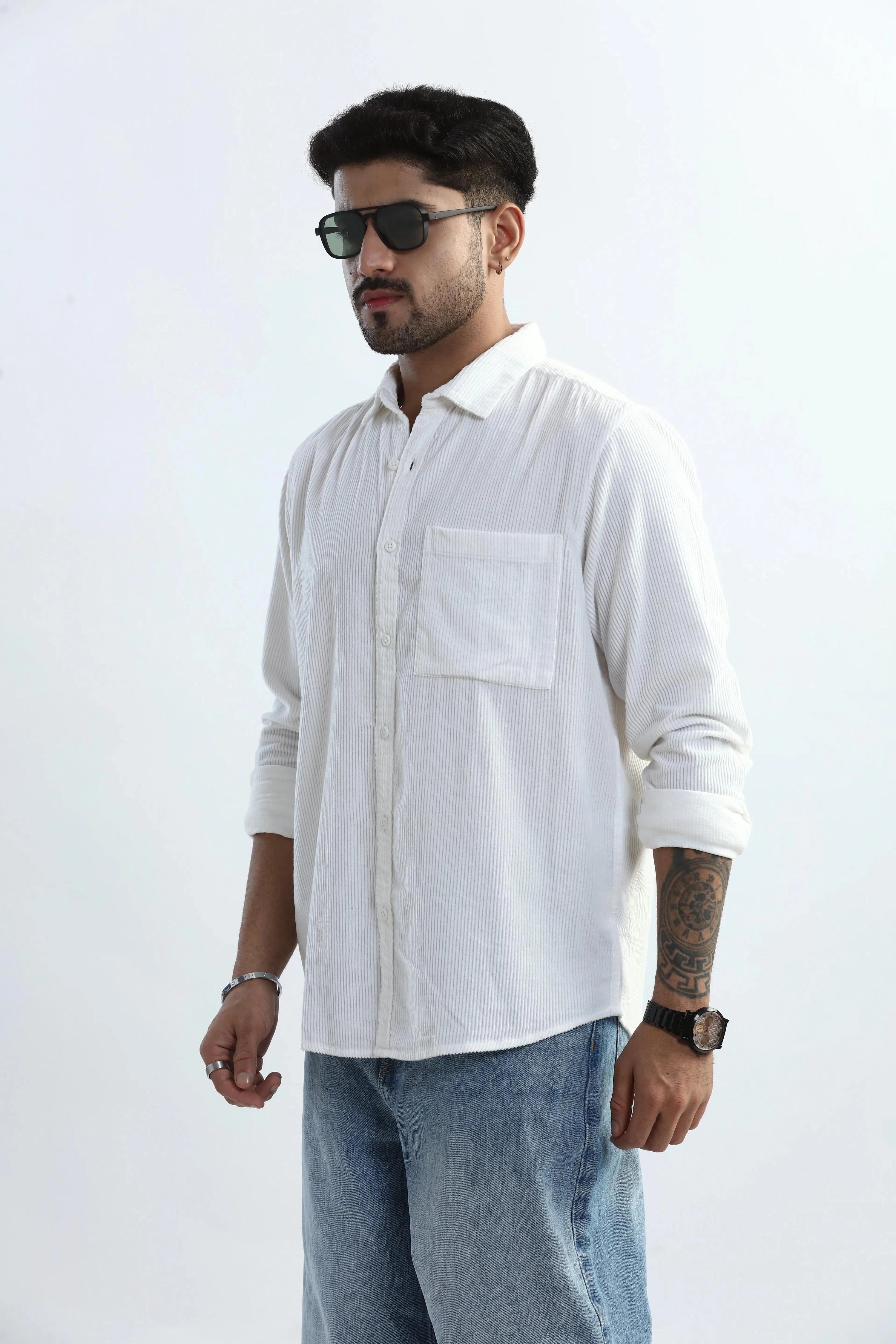 Xkind Men's White Corduroy Regular Fit Shirt