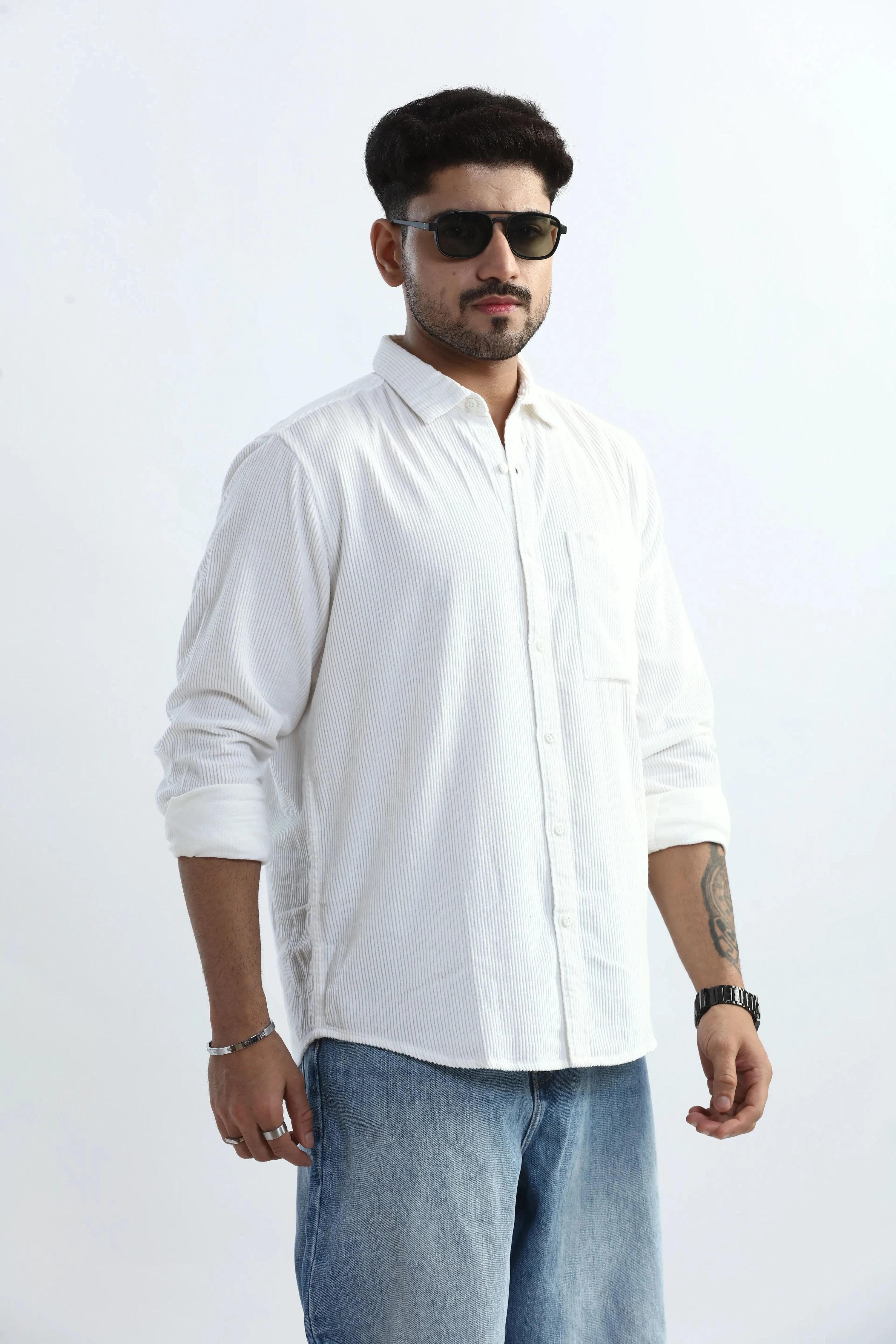 Xkind Men's White Corduroy Regular Fit Shirt