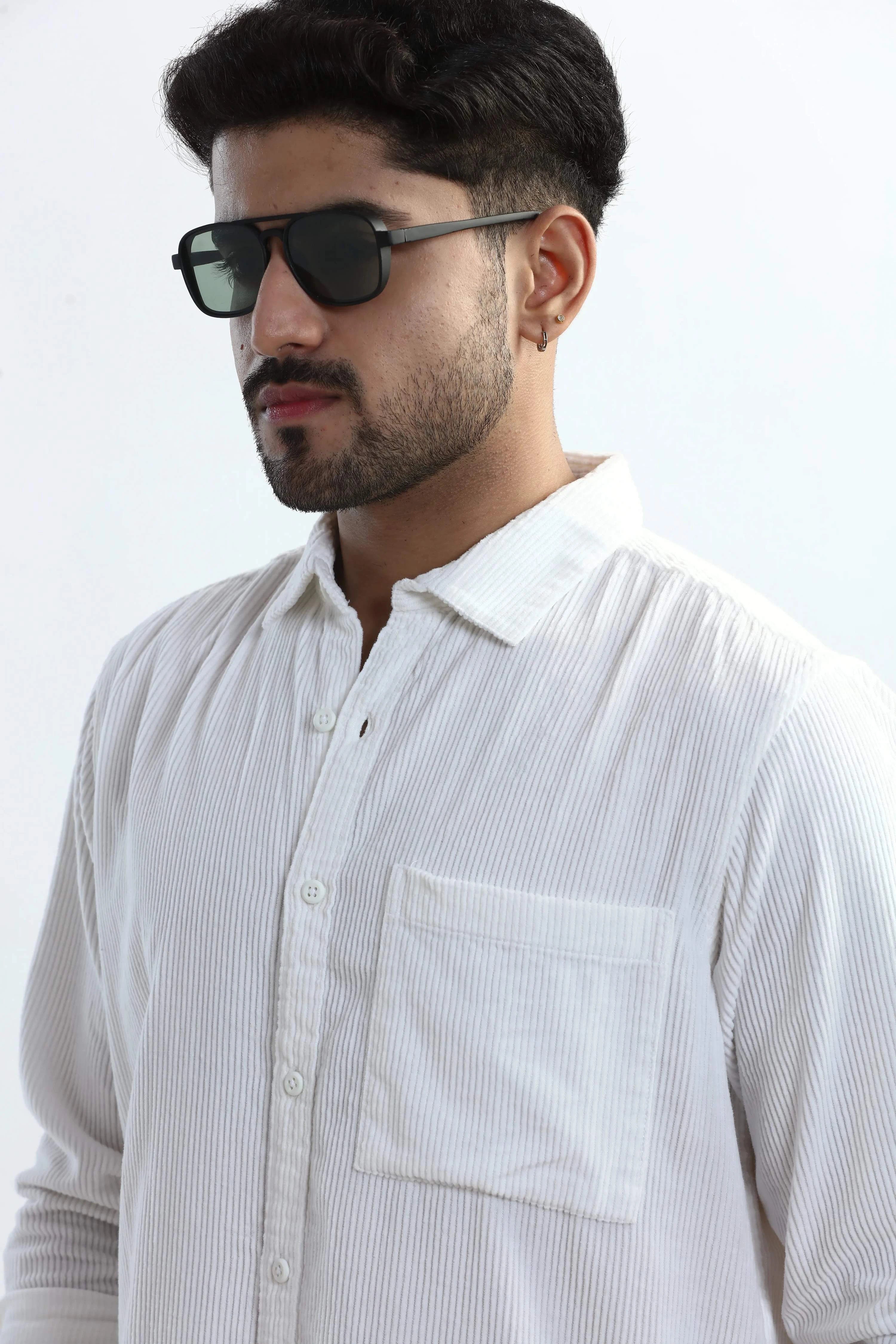 Xkind Men's White Corduroy Regular Fit Shirt