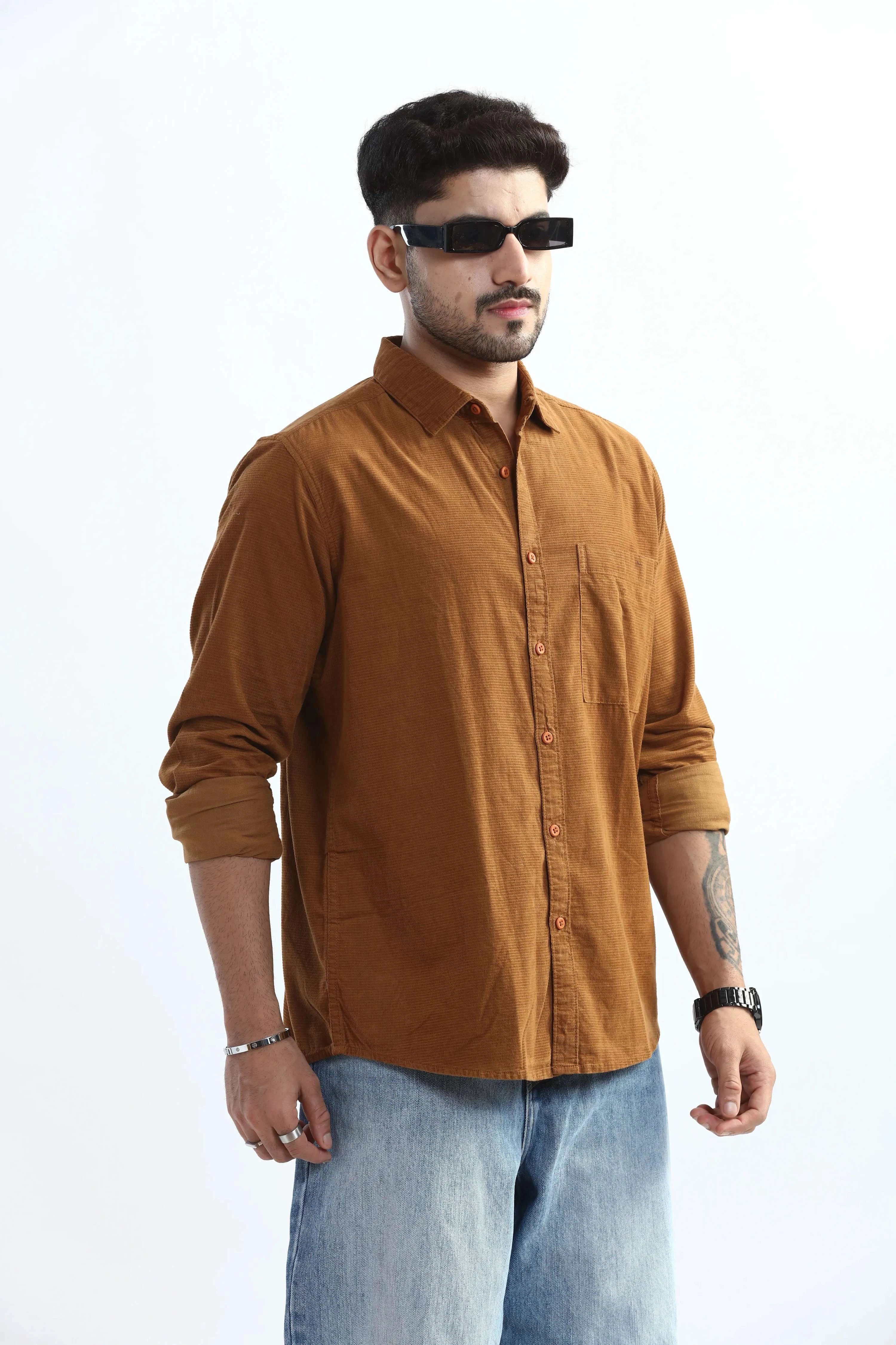 Xkind Men's Mustard Fine Corduroy Regular Fit Shirt