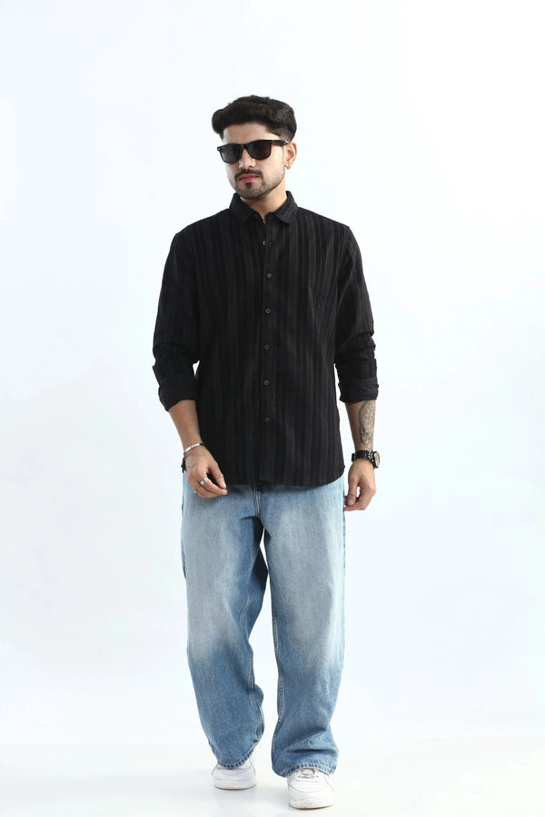 Xkind Men's Black Corduroy Suede Striped Slim Fit Shirt