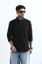 Thumbnail for Xkind Men's Black Corduroy Suede Striped Slim Fit Shirt