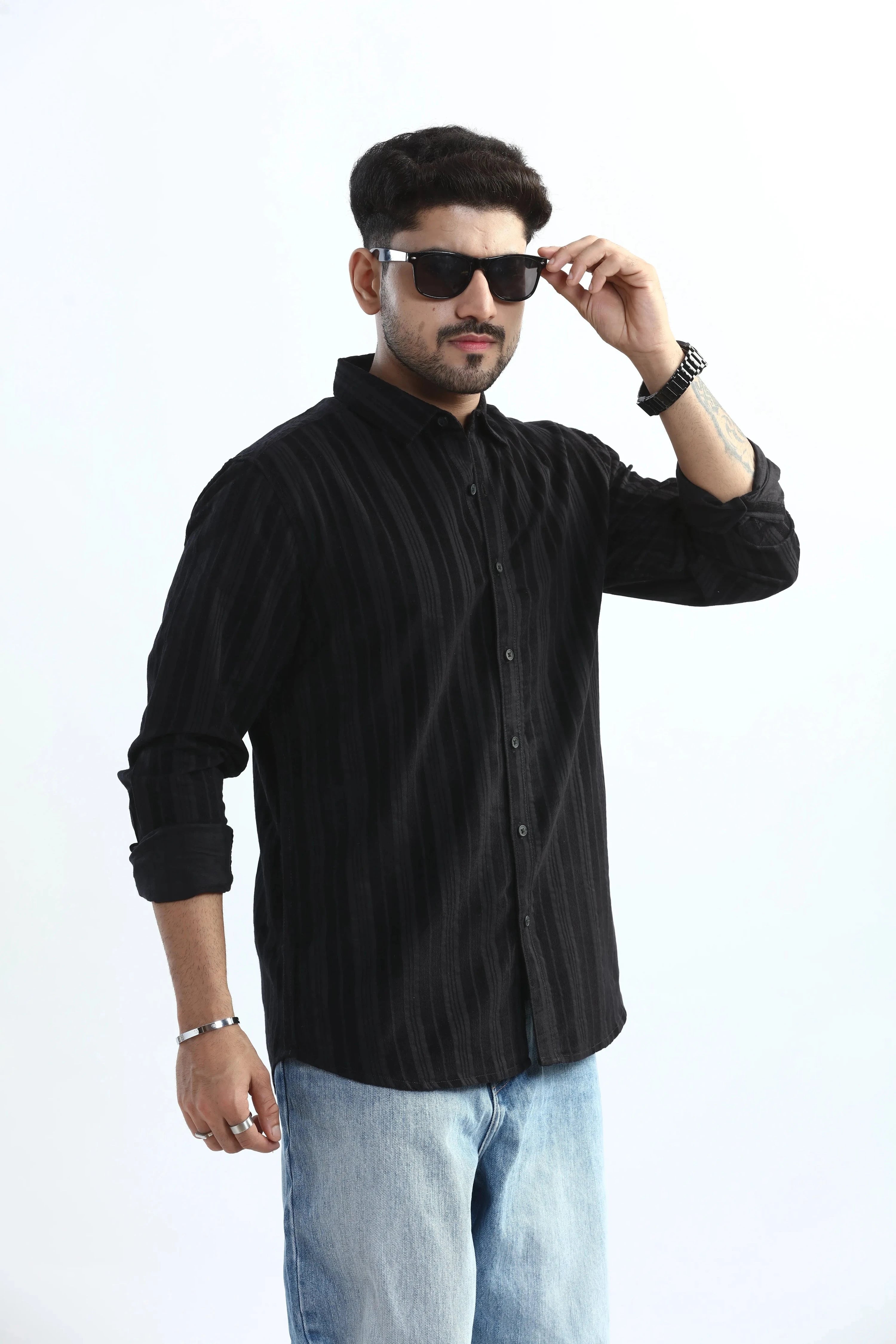 Xkind Men's Black Corduroy Suede Striped Slim Fit Shirt