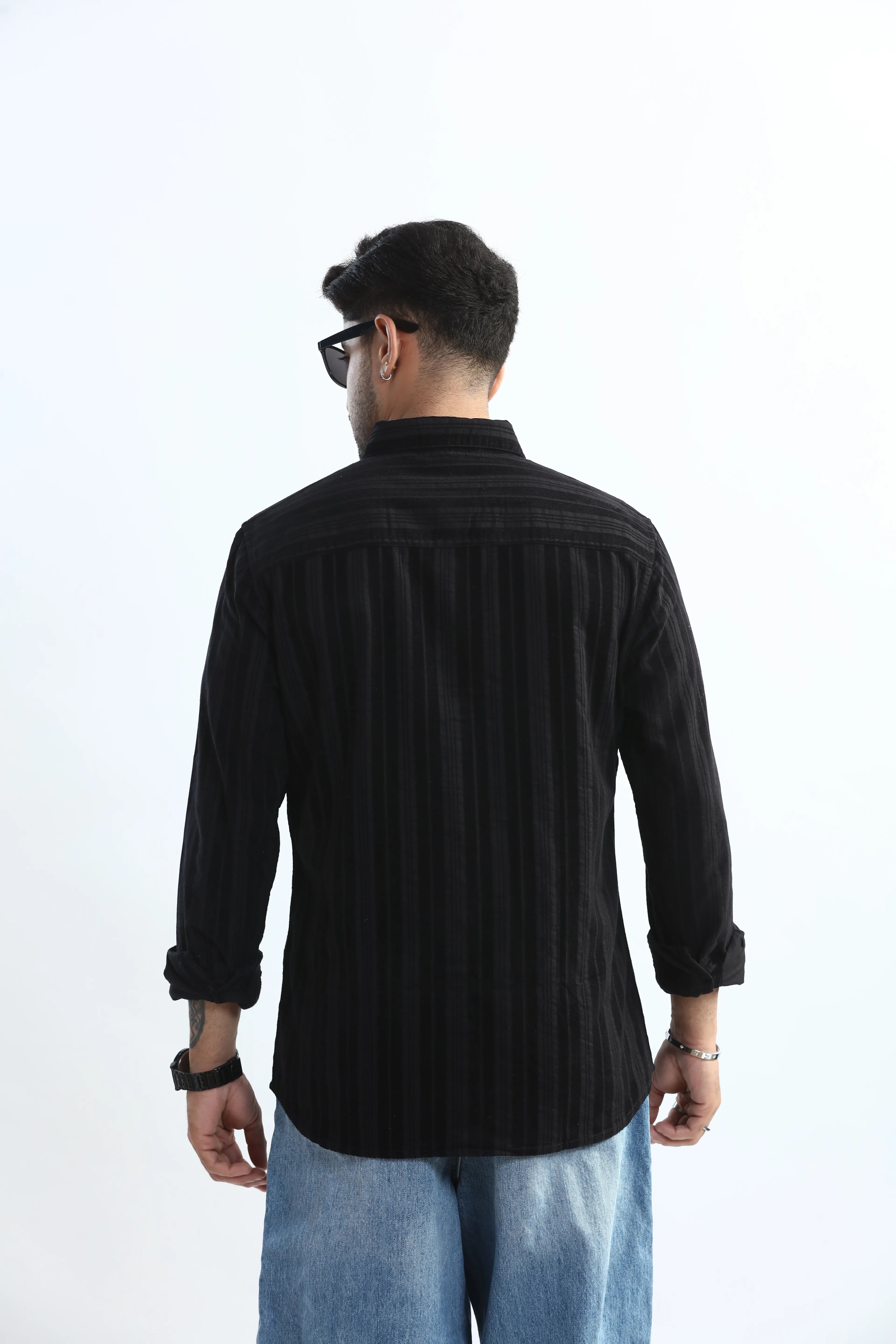 Xkind Men's Black Corduroy Suede Striped Slim Fit Shirt