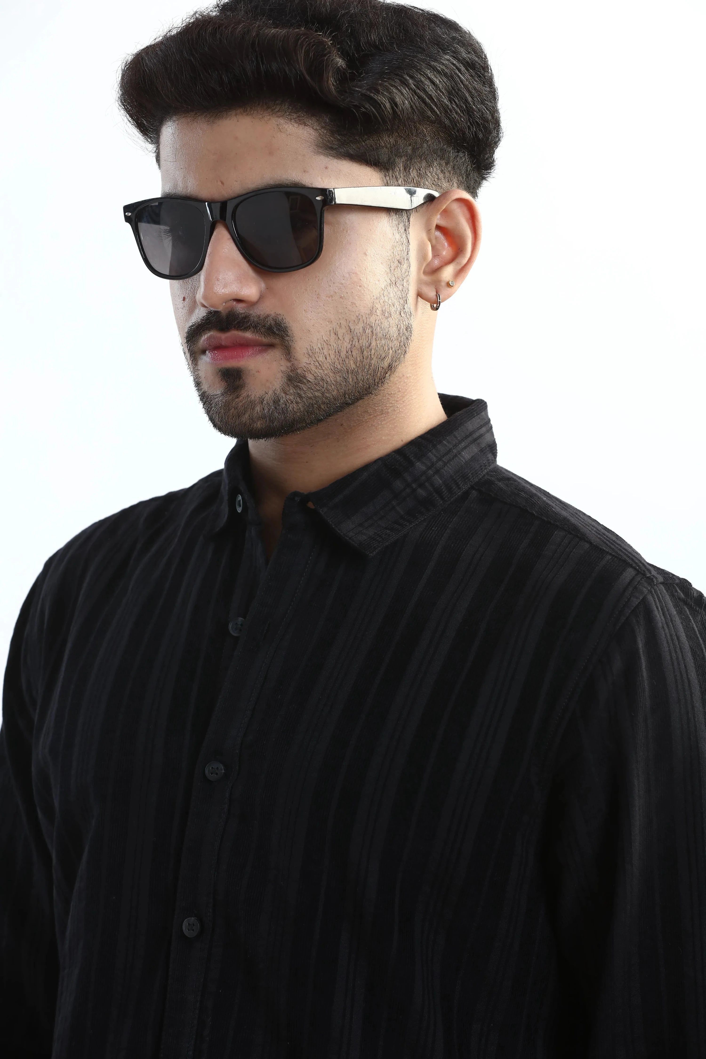 Xkind Men's Black Corduroy Suede Striped Slim Fit Shirt