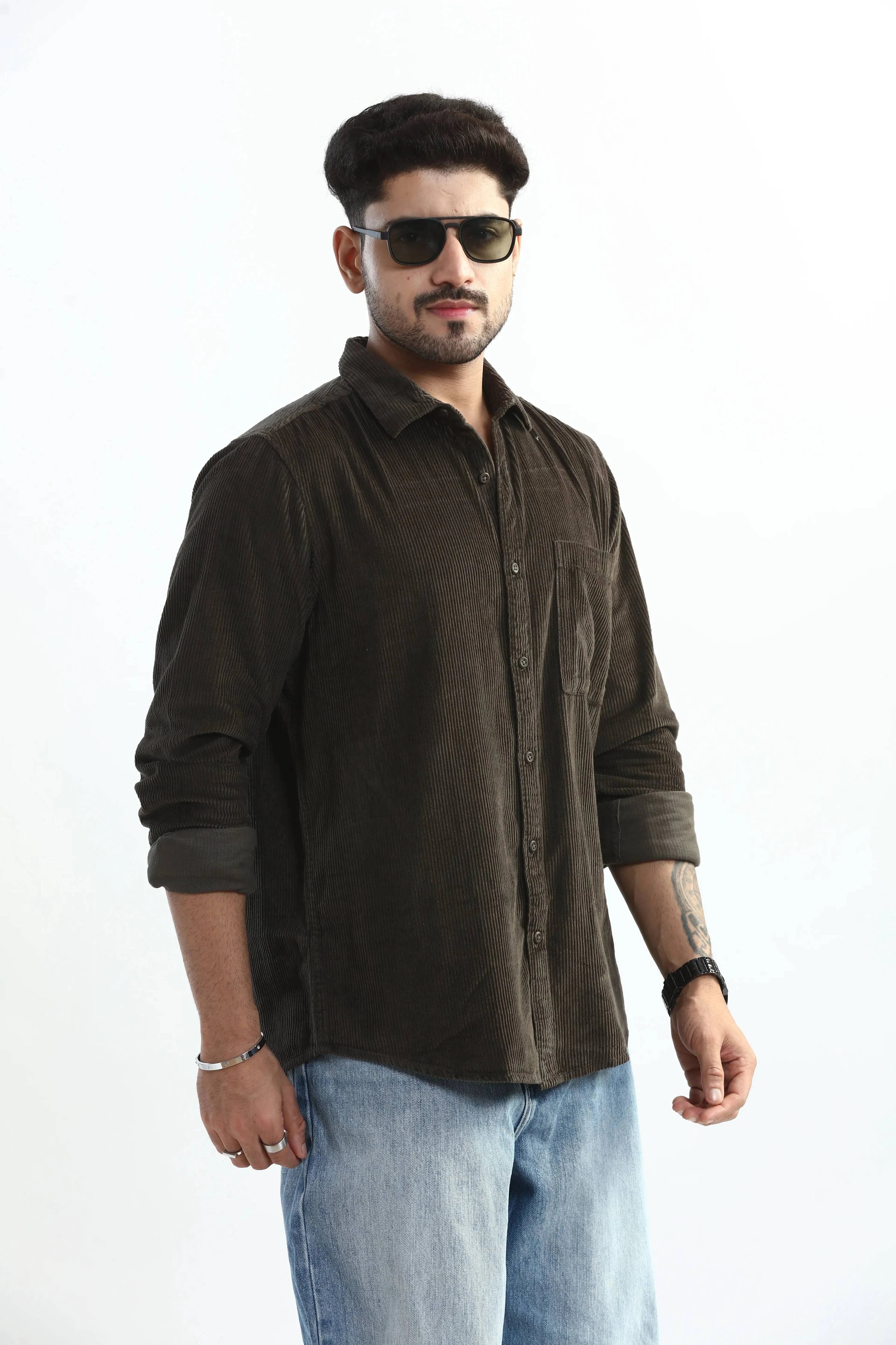 Xkind Men's Dark Grey Corduroy Regular Fit Shirt