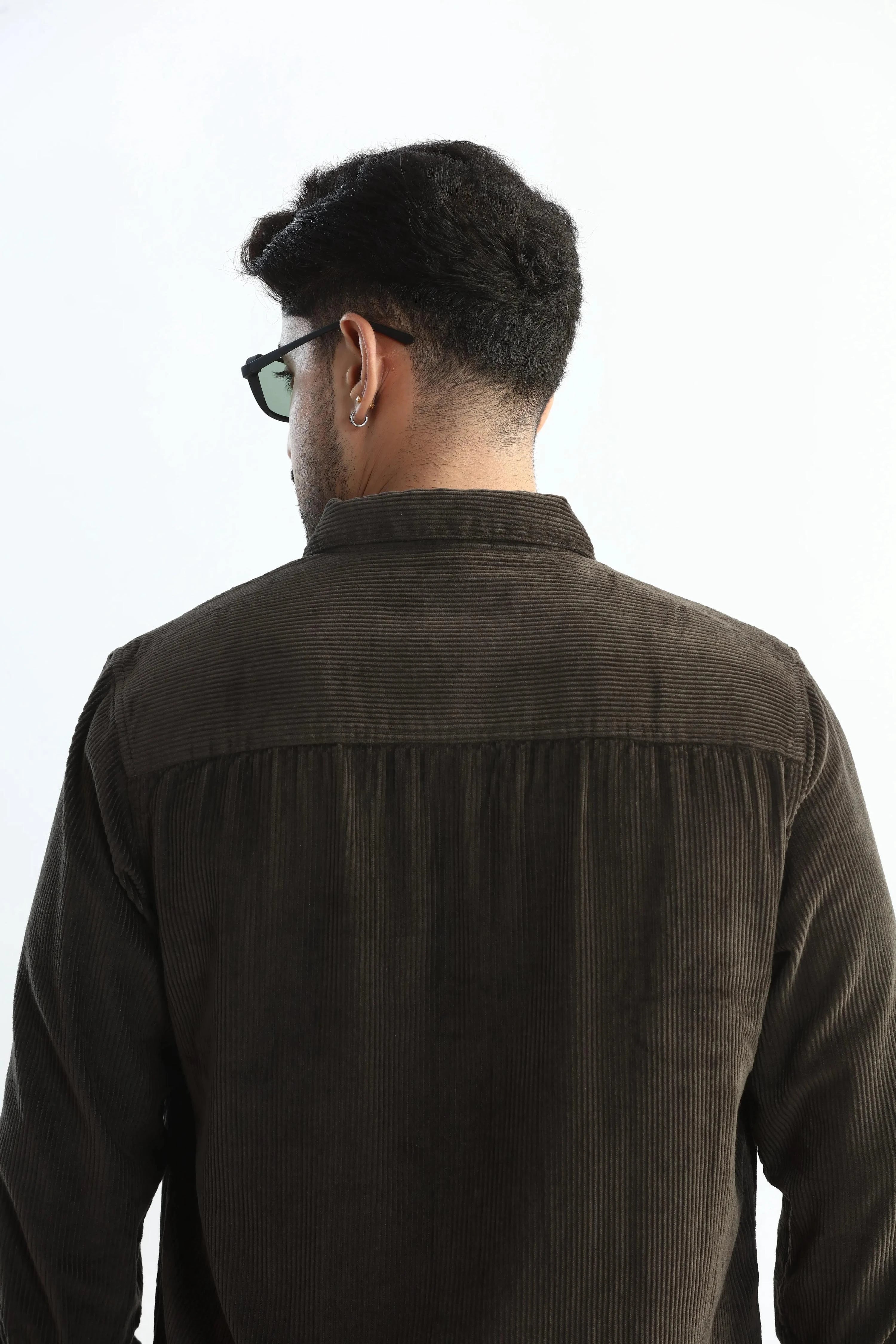Xkind Men's Dark Grey Corduroy Regular Fit Shirt