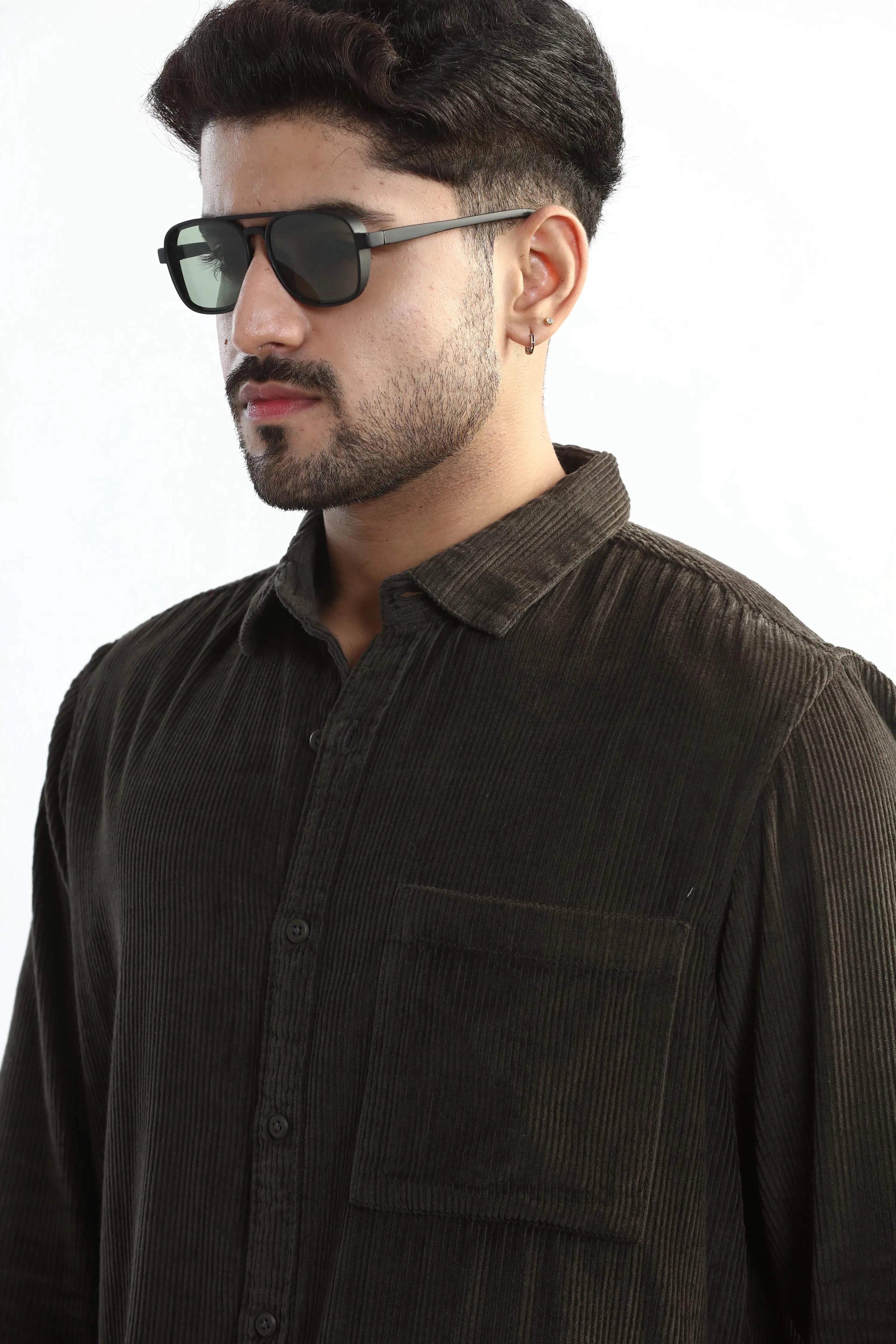 Xkind Men's Dark Grey Corduroy Regular Fit Shirt