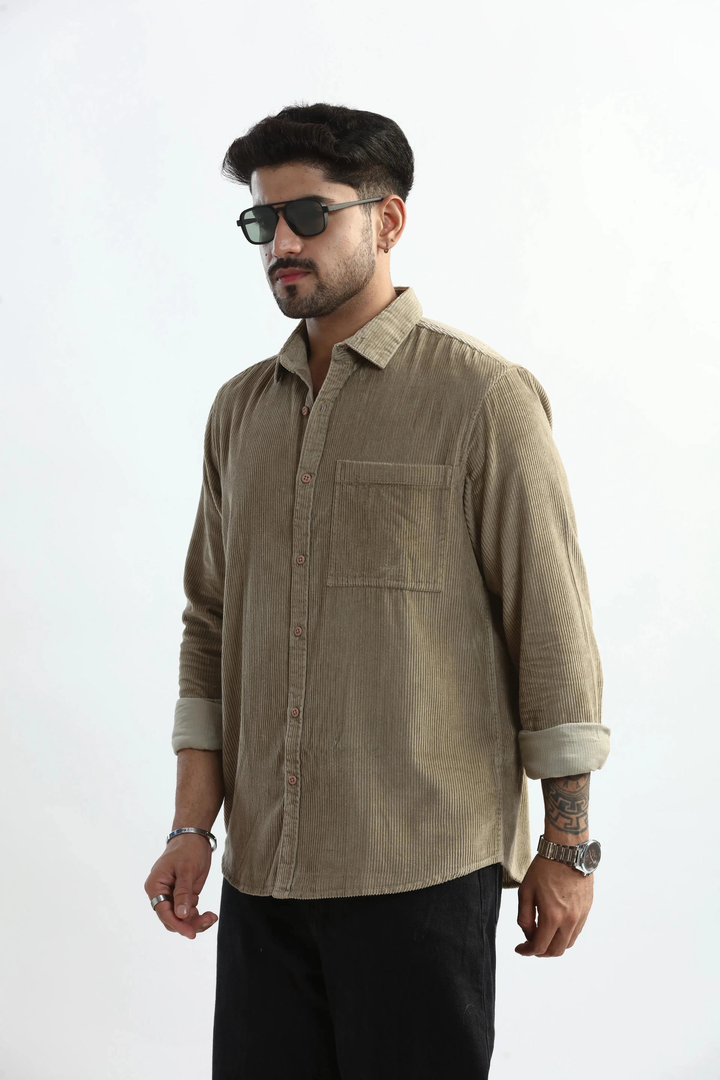 Xkind Men's Beige Corduroy Regular Fit Shirt