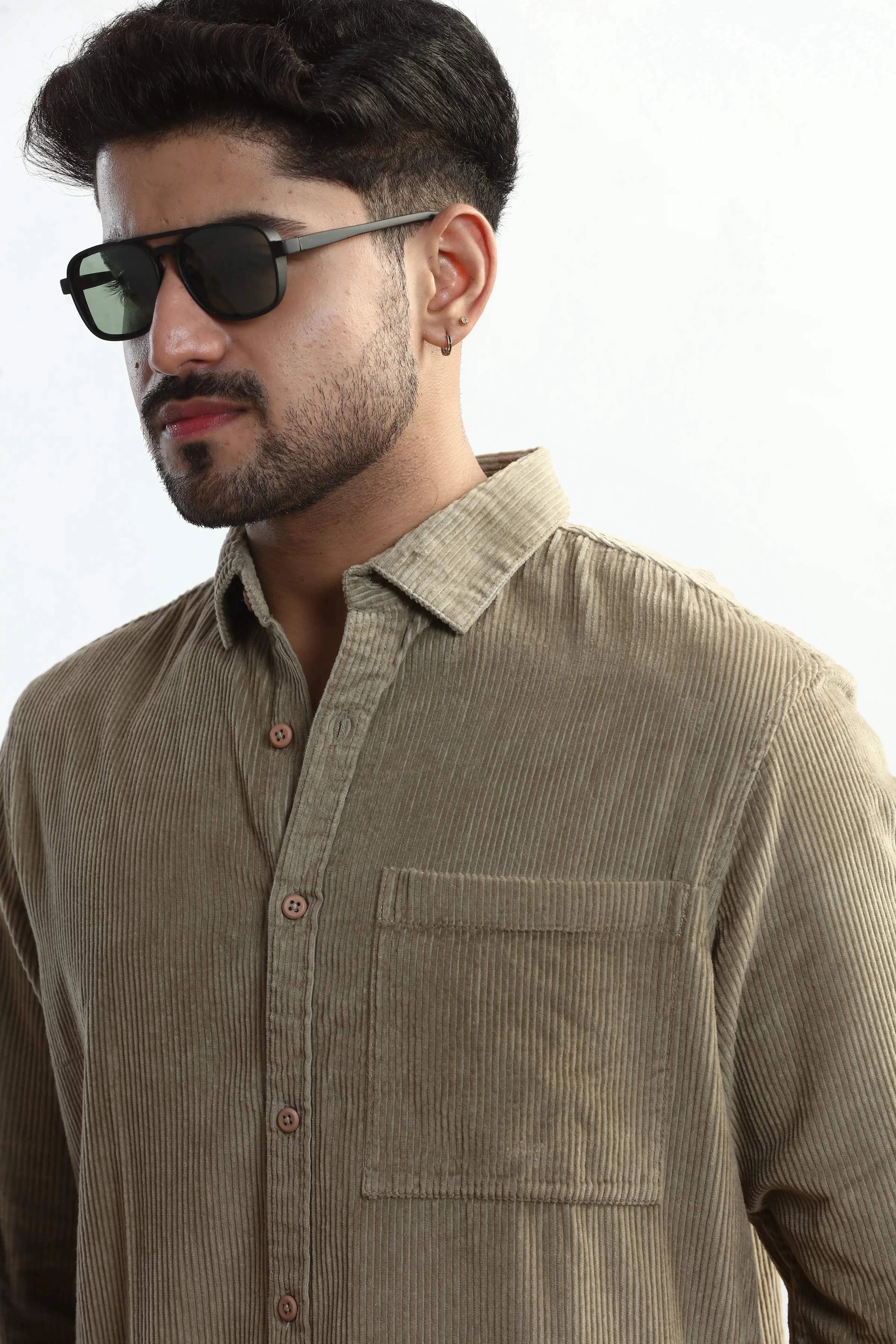 Xkind Men's Beige Corduroy Regular Fit Shirt