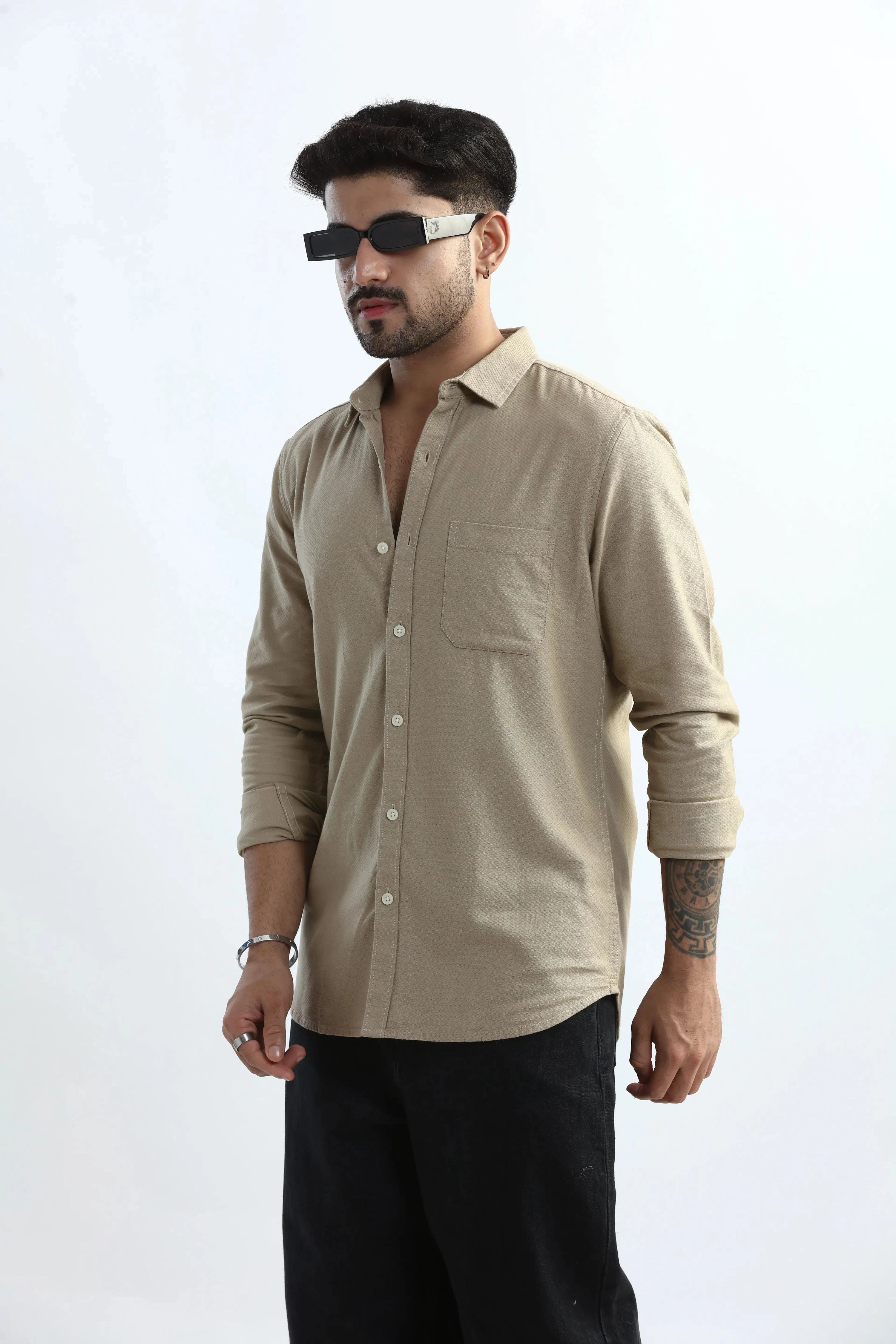 Xkind Men's Beige Textured Slim Fit Shirt