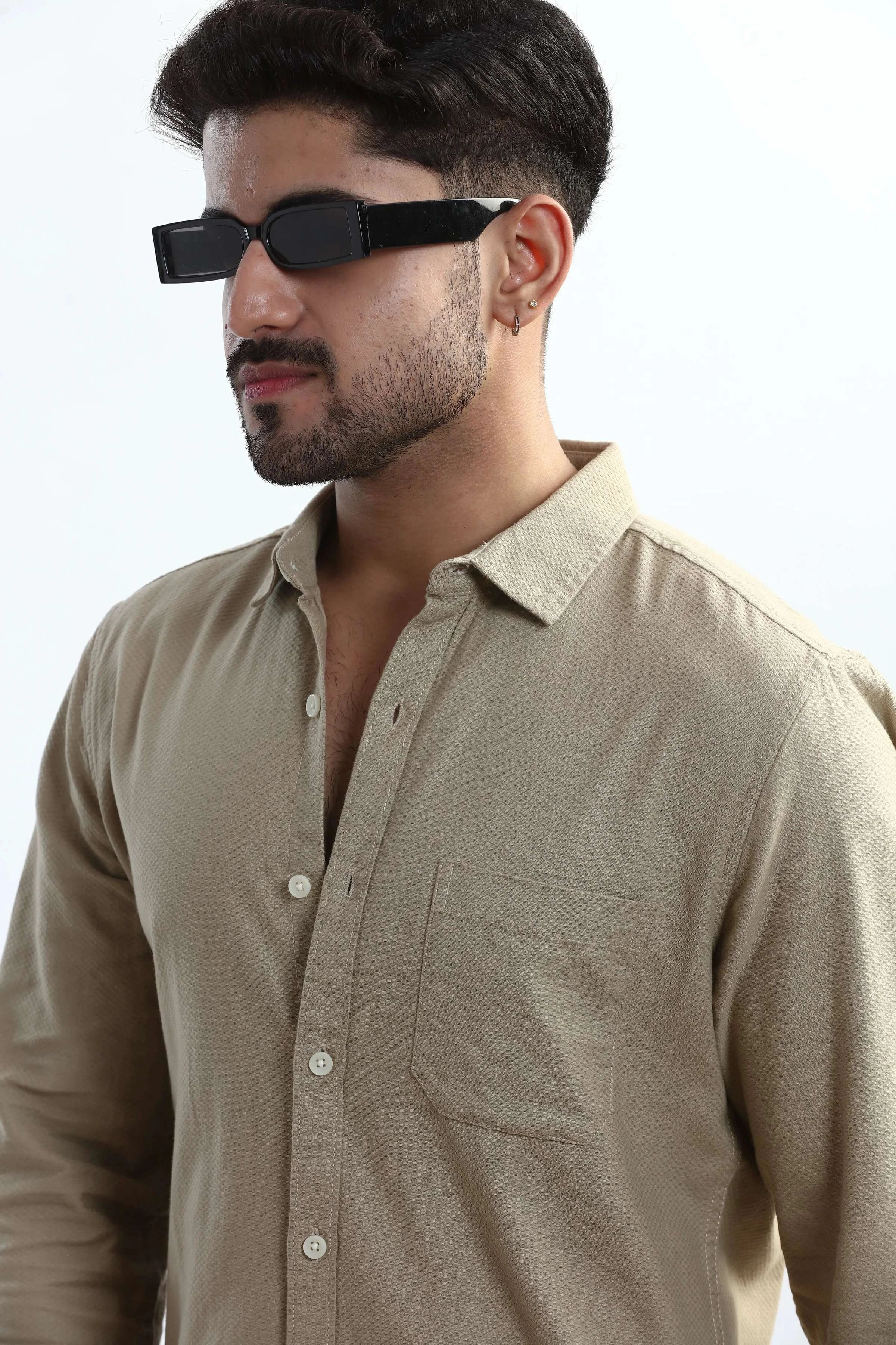 Xkind Men's Beige Textured Slim Fit Shirt