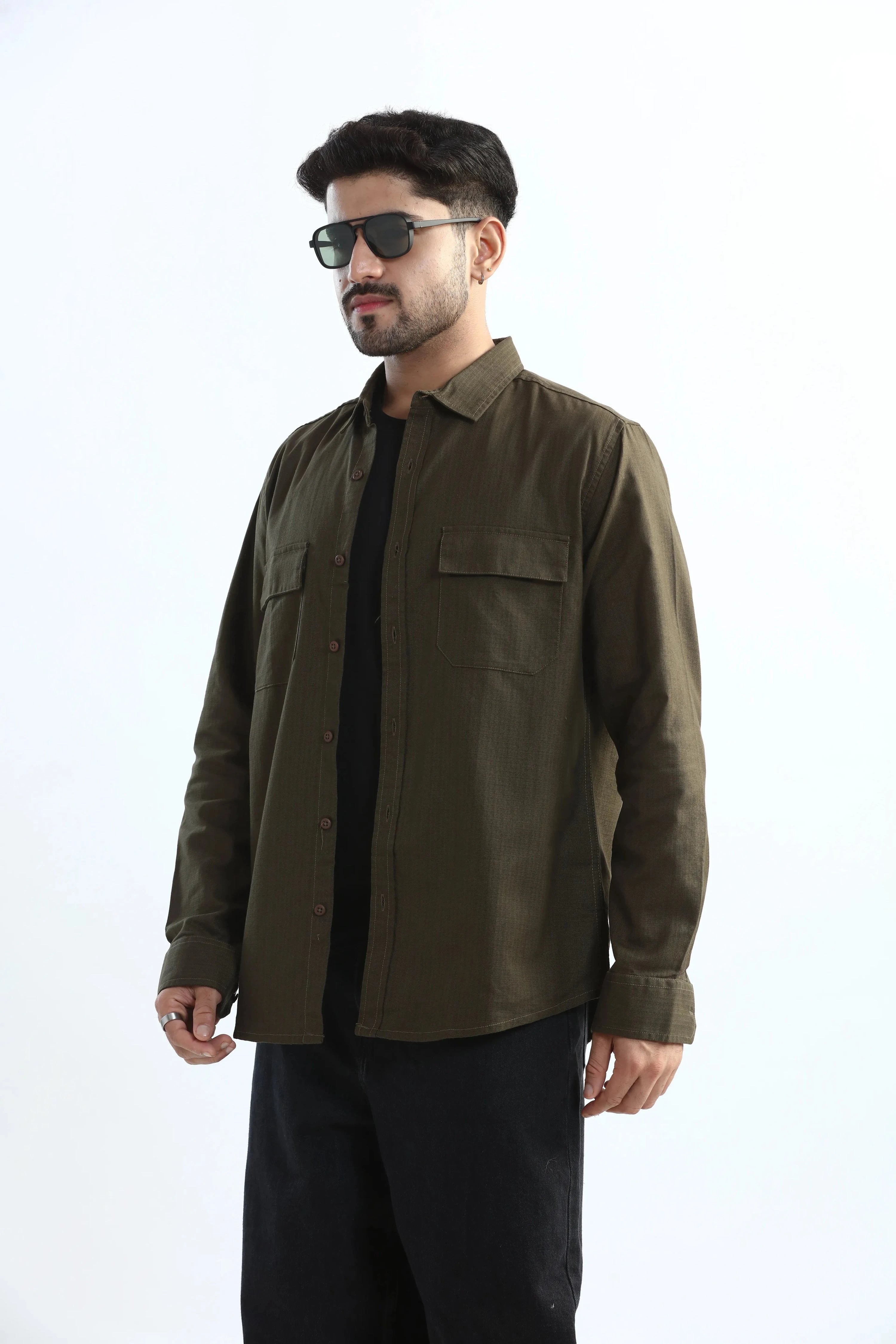 Xkind Dark Olive Green Textured Regular Fit Shirt