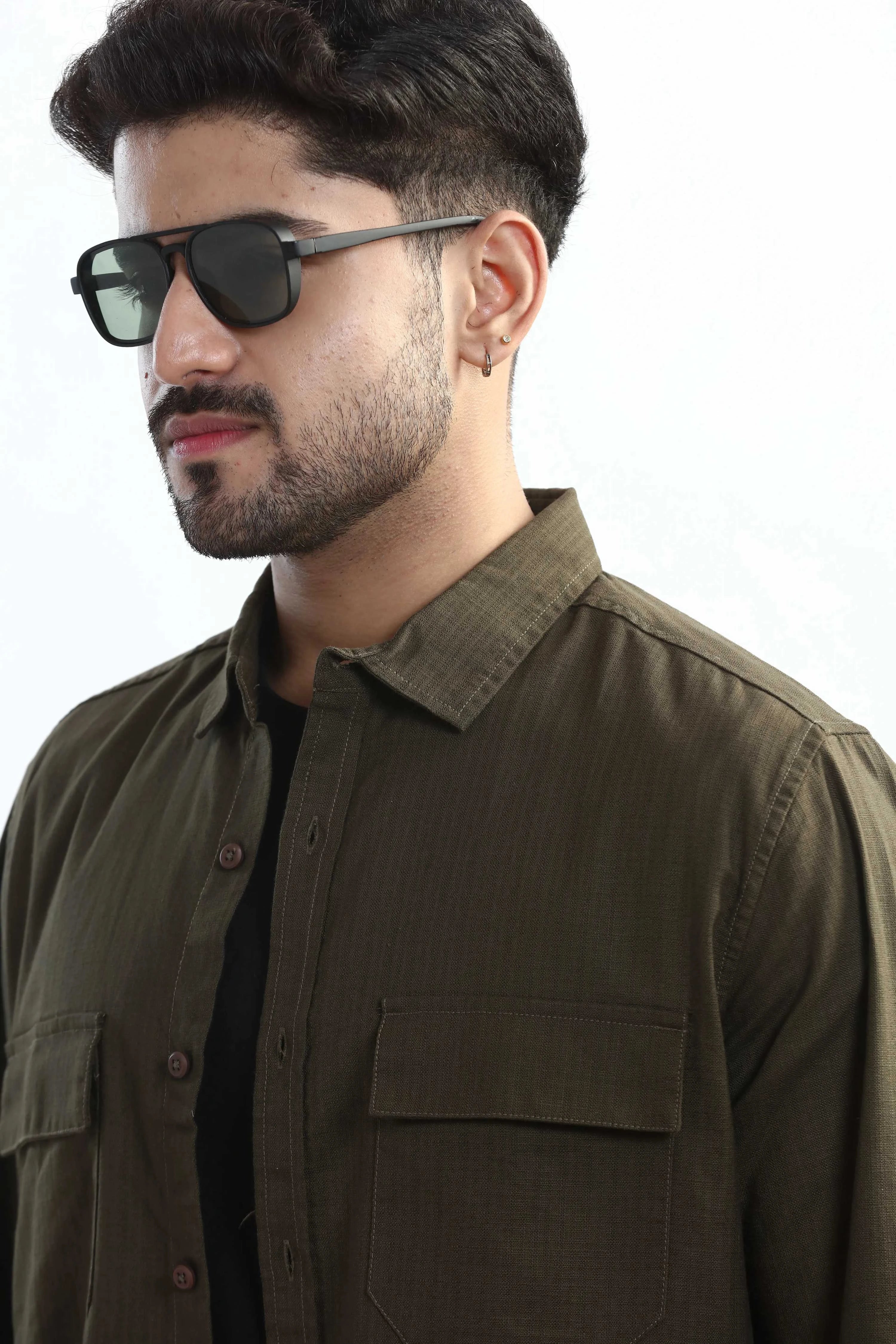Xkind Dark Olive Green Textured Regular Fit Shirt
