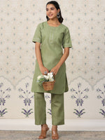 Thumbnail for Ode by House of Pataudi Striped Regular Gotta Patti Kurta With Trousers - Distacart