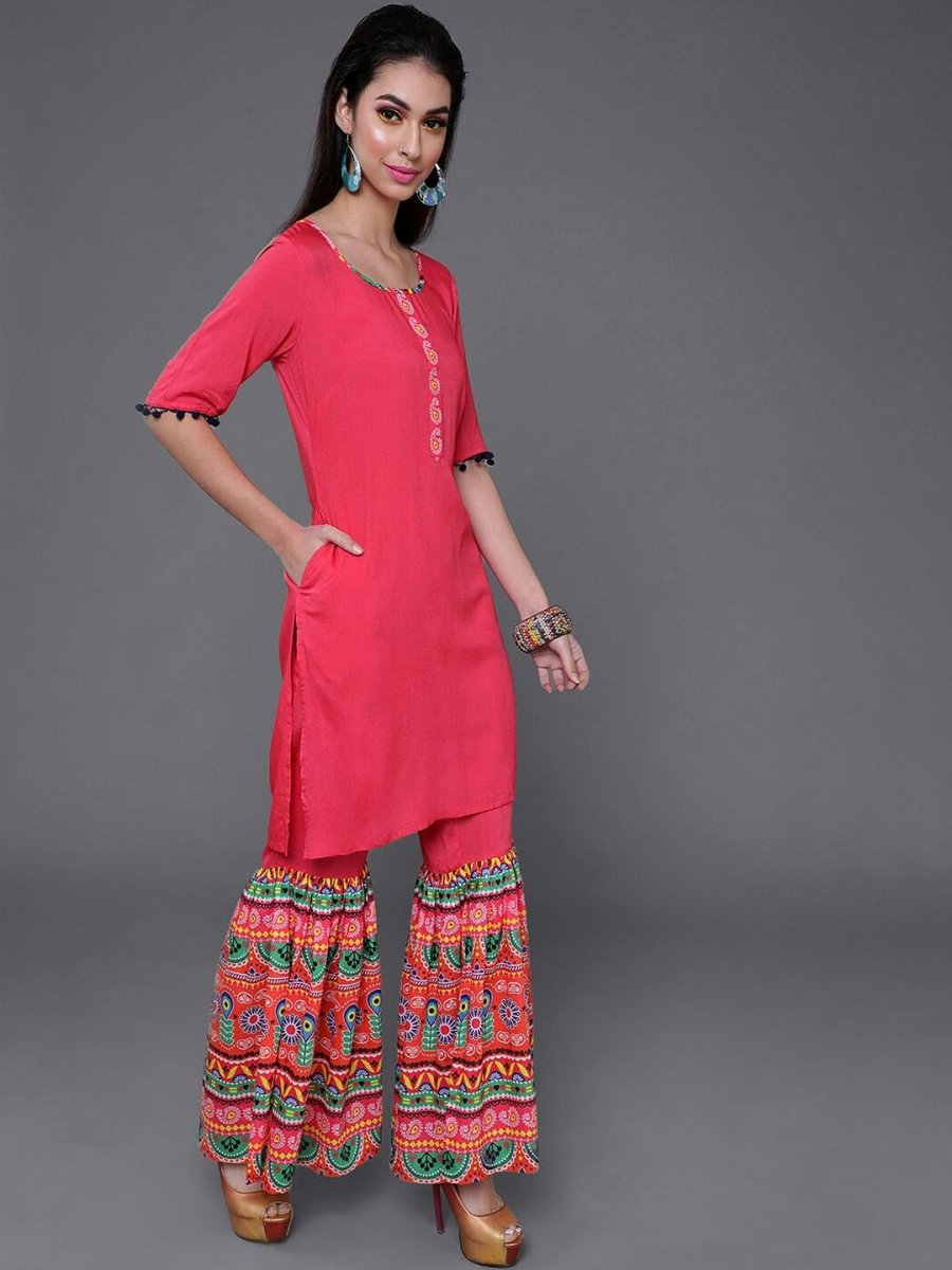 Aks Ethnic Motifs Printed Straight Kurta With Sharara - Distacart
