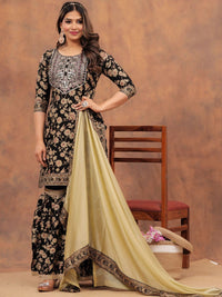 Thumbnail for Floral Printed Gotta Patti Straight Kurta with Sharara & Dupatta (Black) - Rasiya