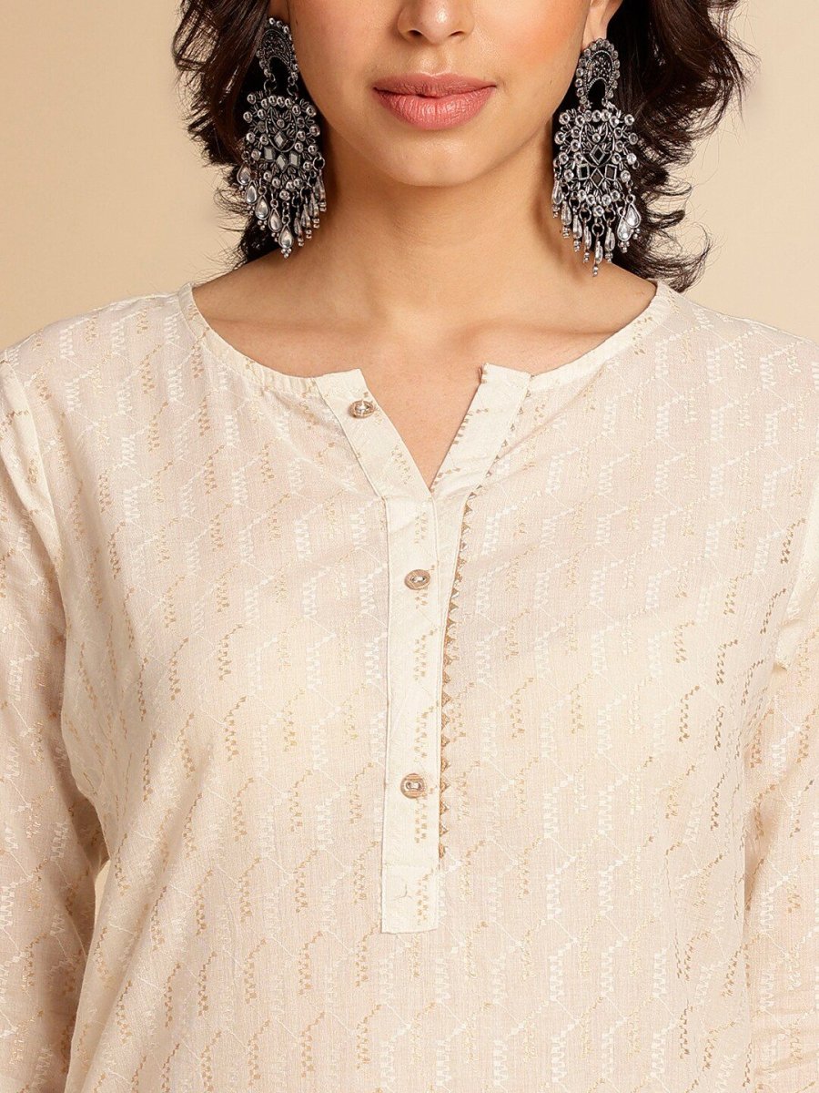 Anouk Off White Printed Mandarin Collar Cotton Straight Kurta