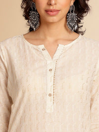Thumbnail for Anouk Off White Printed Mandarin Collar Cotton Straight Kurta