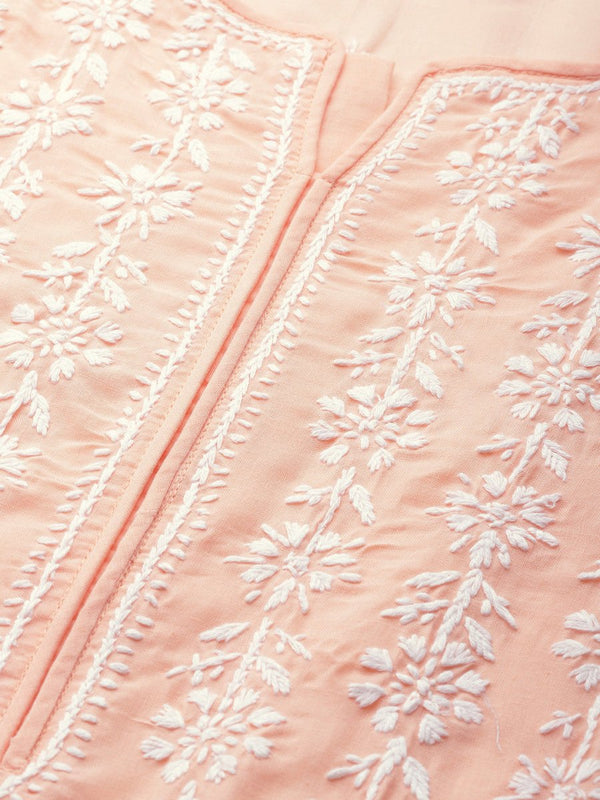 ADA Women Peach-Coloured & White Chikankari Embroidered Cotton Straight Sustainable Kurta - Distacart