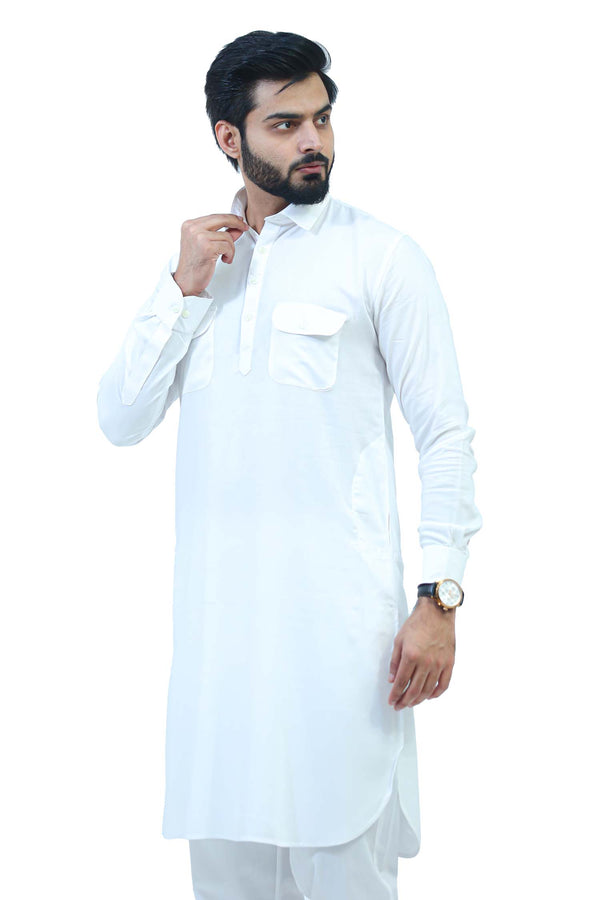 Bluesaanchi Men's White Satin Pathani Kurta Set - Distacart