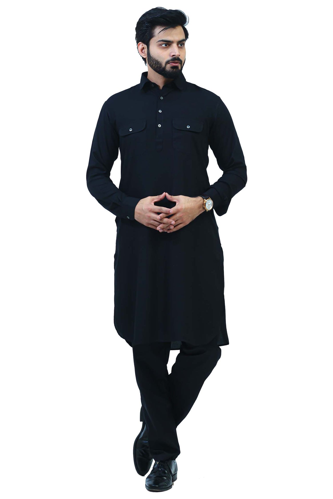 Bluesaanchi Men's Black Satin Pathani Kurta Set