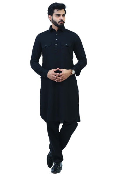 Bluesaanchi Men's Black Satin Pathani Kurta Set