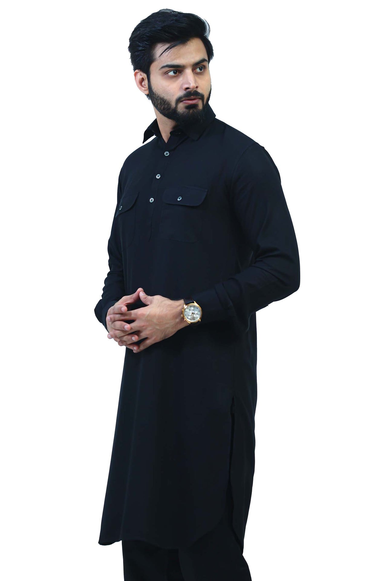 Bluesaanchi Men's Black Satin Pathani Kurta Set