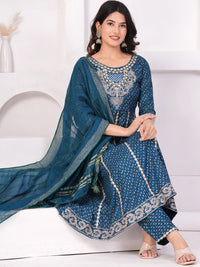 Thumbnail for Women Ethnic Motifs Printed Panelled Thread Work Kurta With Trousers & Dupatta (Blue) - Rasiya