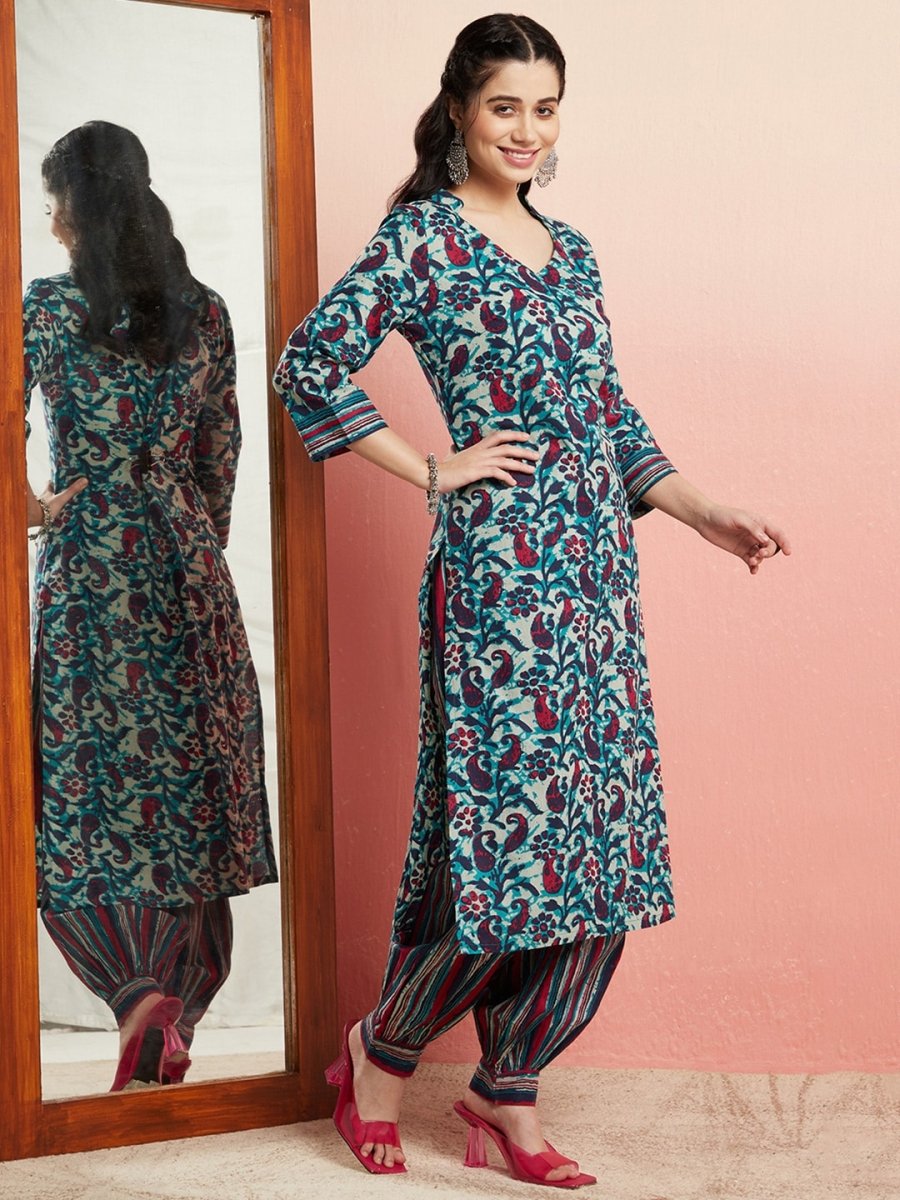 Aks Floral Printed V-Neck Pure Cotton Kurta with Salwar - Distacart