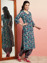 Thumbnail for Aks Floral Printed V-Neck Pure Cotton Kurta with Salwar - Distacart