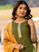 Thumbnail for Vishudh Green & Gold Toned Round Neck Embellished Straight Kurta & Palazzos With Dupatta - Distacart