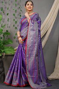 Thumbnail for Aastha Fashion Purple Woven Kanchipuram Silk Saree with Blouse - Distacart