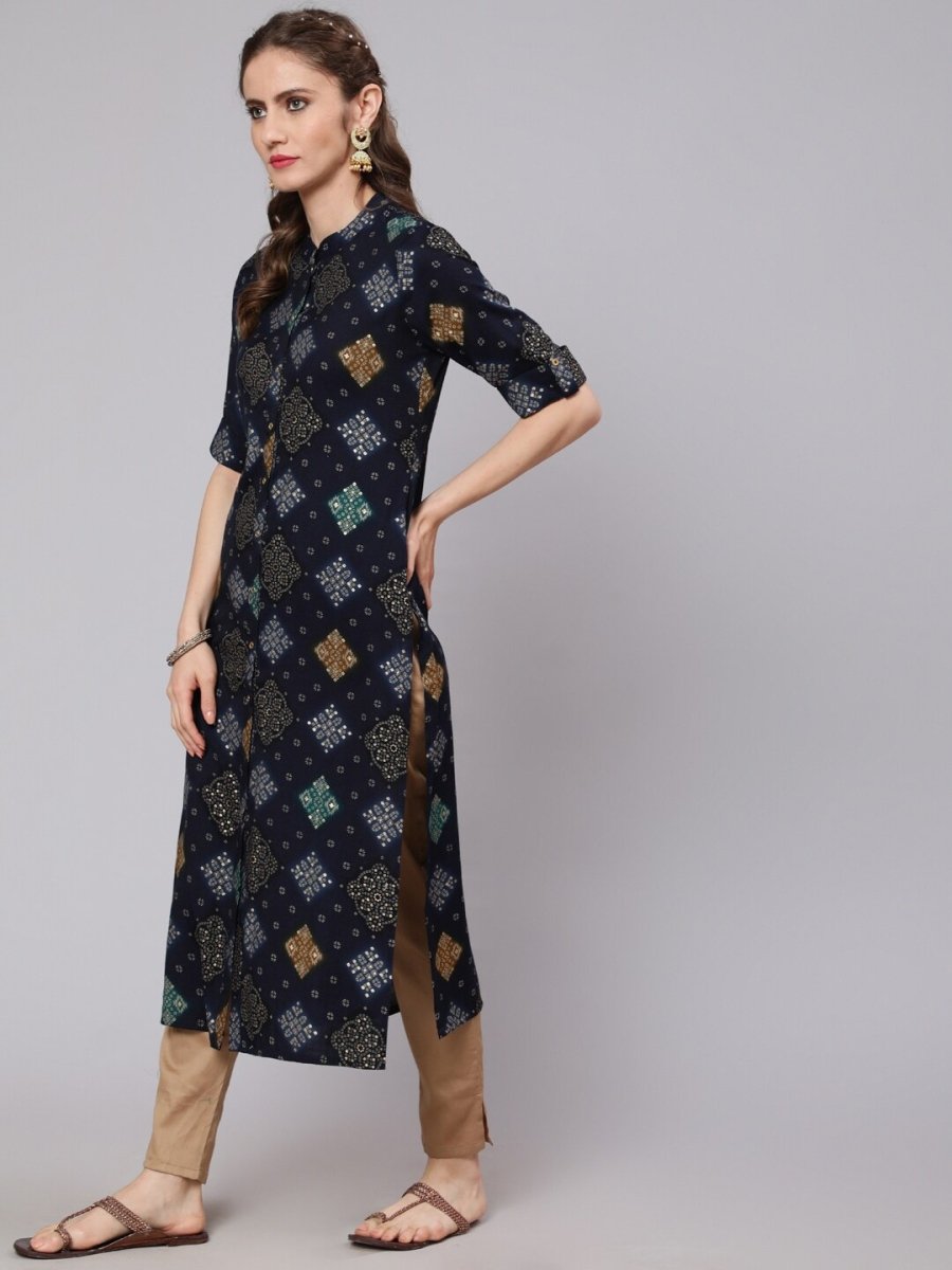 Aks Bandhani Printed Mandarin Collar Straight Kurta - Distacart