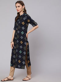 Thumbnail for Aks Bandhani Printed Mandarin Collar Straight Kurta - Distacart