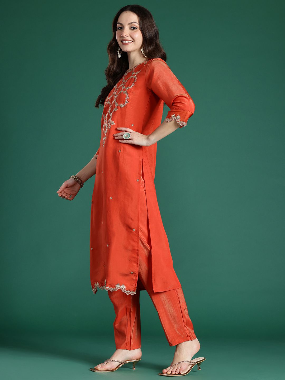 Indo Era Floral Embroidered Kurta with Trousers & With Dupatta