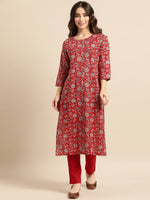 Thumbnail for All About You Women Red Floral Printed Pure Cotton Kurta with Trousers - Distacart
