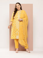 Thumbnail for Sztori Plus-Size Gotta Patti Ethnic Motif Print Pure Cotton Kurta with Trousers & Dupatta - Distacart