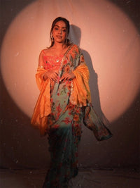 Thumbnail for Anouk Sea Green & Yellow Pure Georgette Floral Printed Saree - Distacart