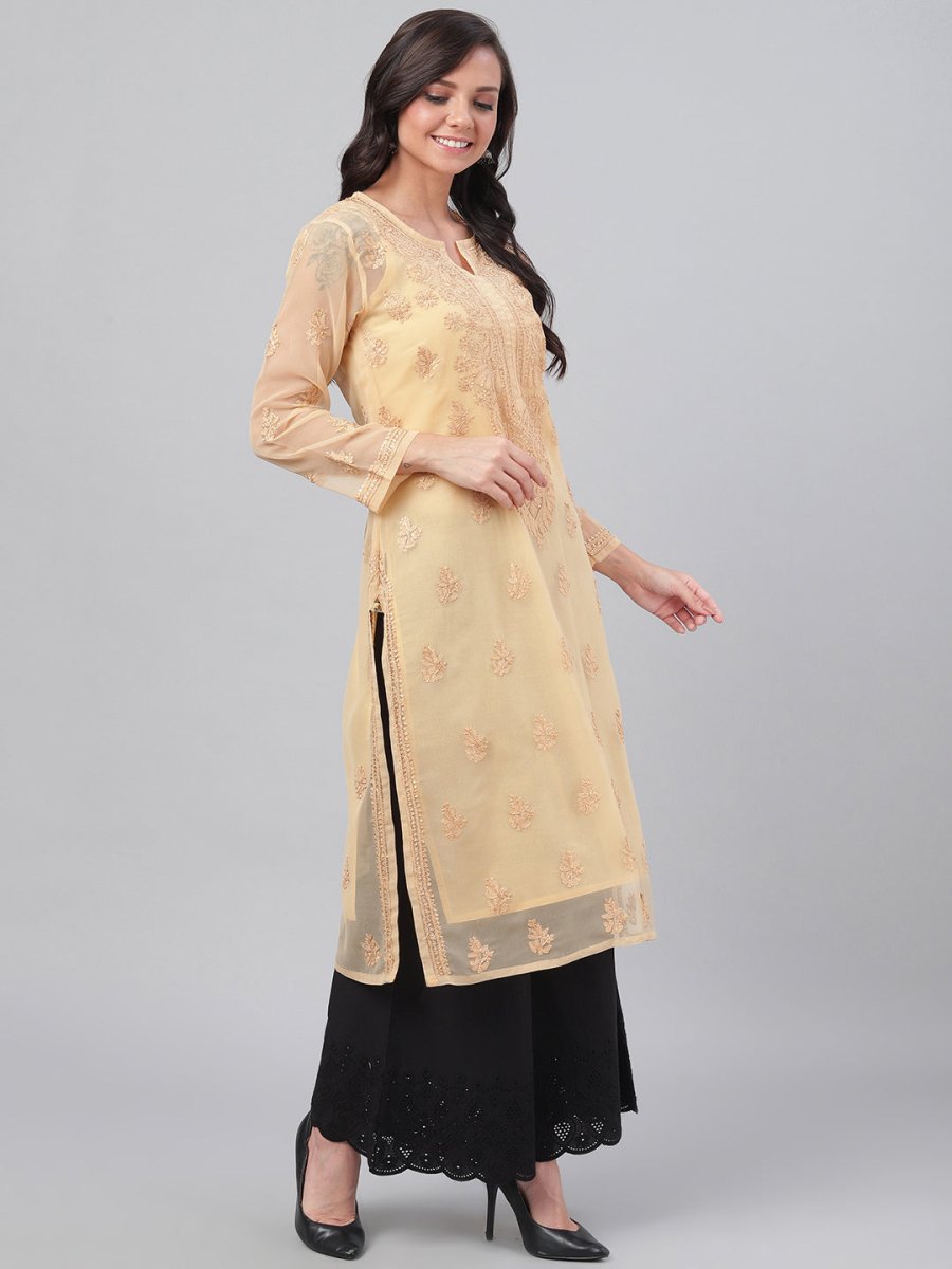 ADA Women Beige Chikankari Hand Embroidered Straight Sustainable Handloom Kurta With Slip - Distacart
