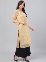 Thumbnail for ADA Women Beige Chikankari Hand Embroidered Straight Sustainable Handloom Kurta With Slip - Distacart
