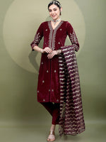 Thumbnail for Vishudh Women Embroidered Knitted Velvet Kurta with Trousers & With Dupatta - Distacart