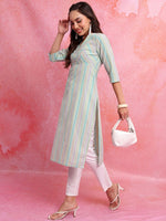 Thumbnail for Vishudh Blue Striped V-Neck Three-Quarter Sleeves Empire Kurta - Distacart